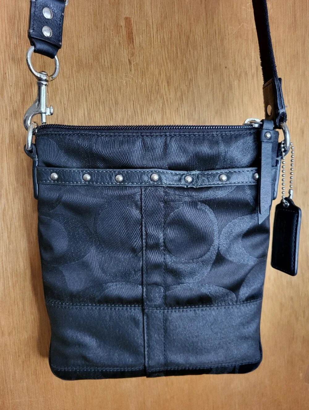 Coach Black Signature Stripe Studded Shimmer File Crossbody Bag